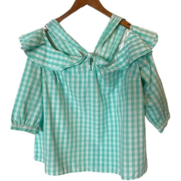 4/$20 Crown & Ivy gingham mint and white ruffle cold  shoulder top- size XL- NWT - Picture 10 of 11